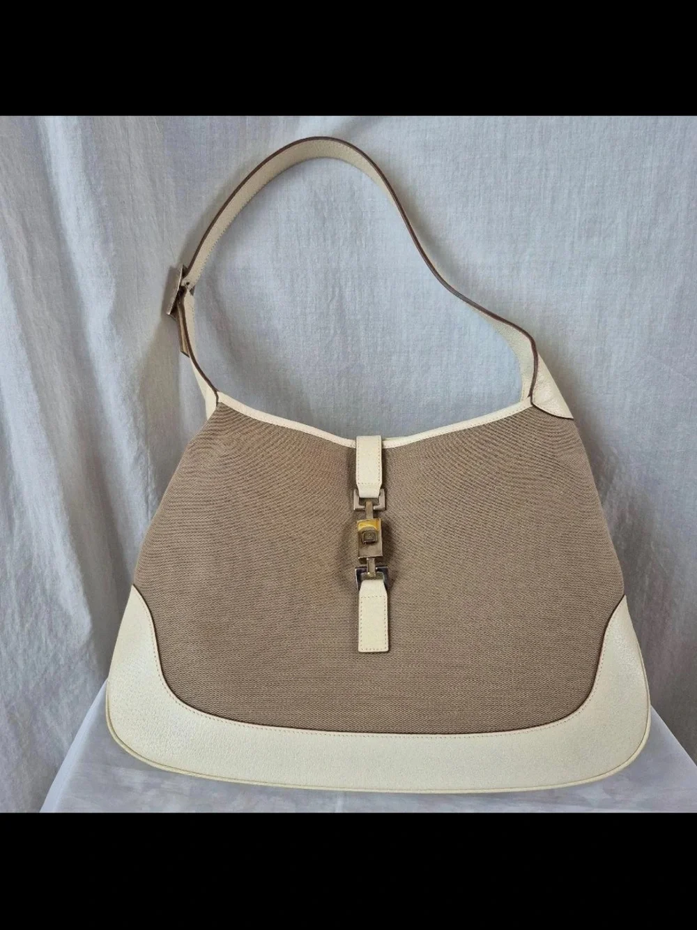 Gucci Neutral Beige and Cream Shoulder Bag with Front Buckle